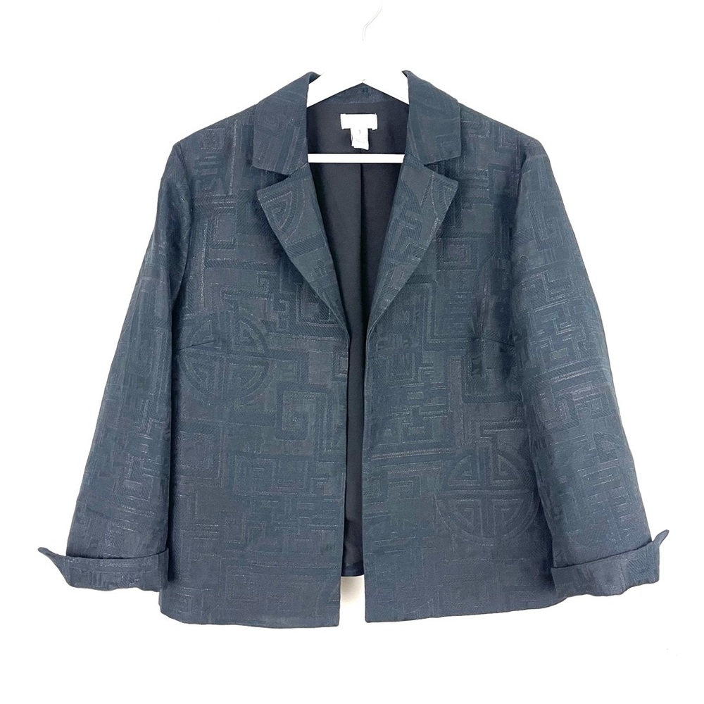 Chico’s Black Metallic Cotton Blend Open Front Blazer